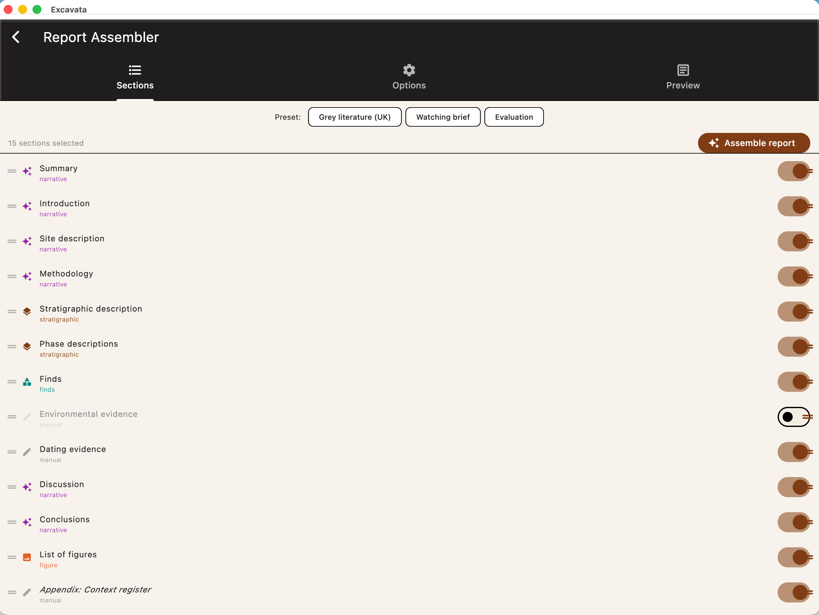 Report assembler with drag-and-drop sections and auto-populated tables