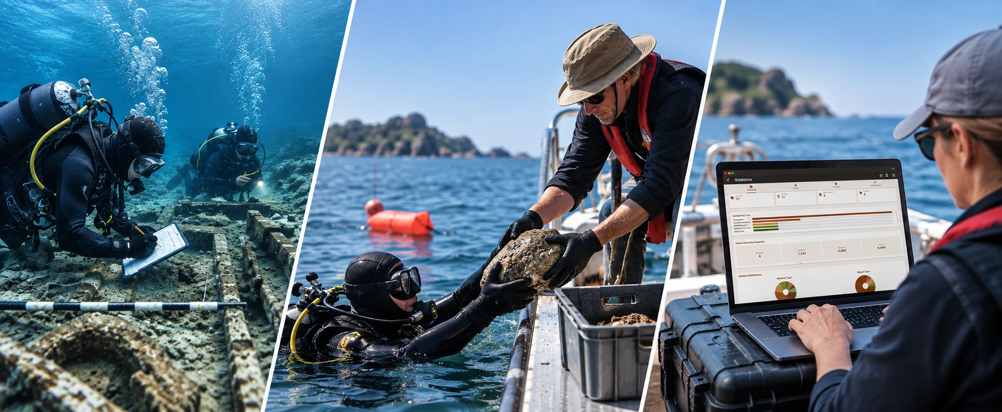 Underwater archaeologists recording a site, transferring recovered material to a vessel, and reviewing Excavata project data on deck.