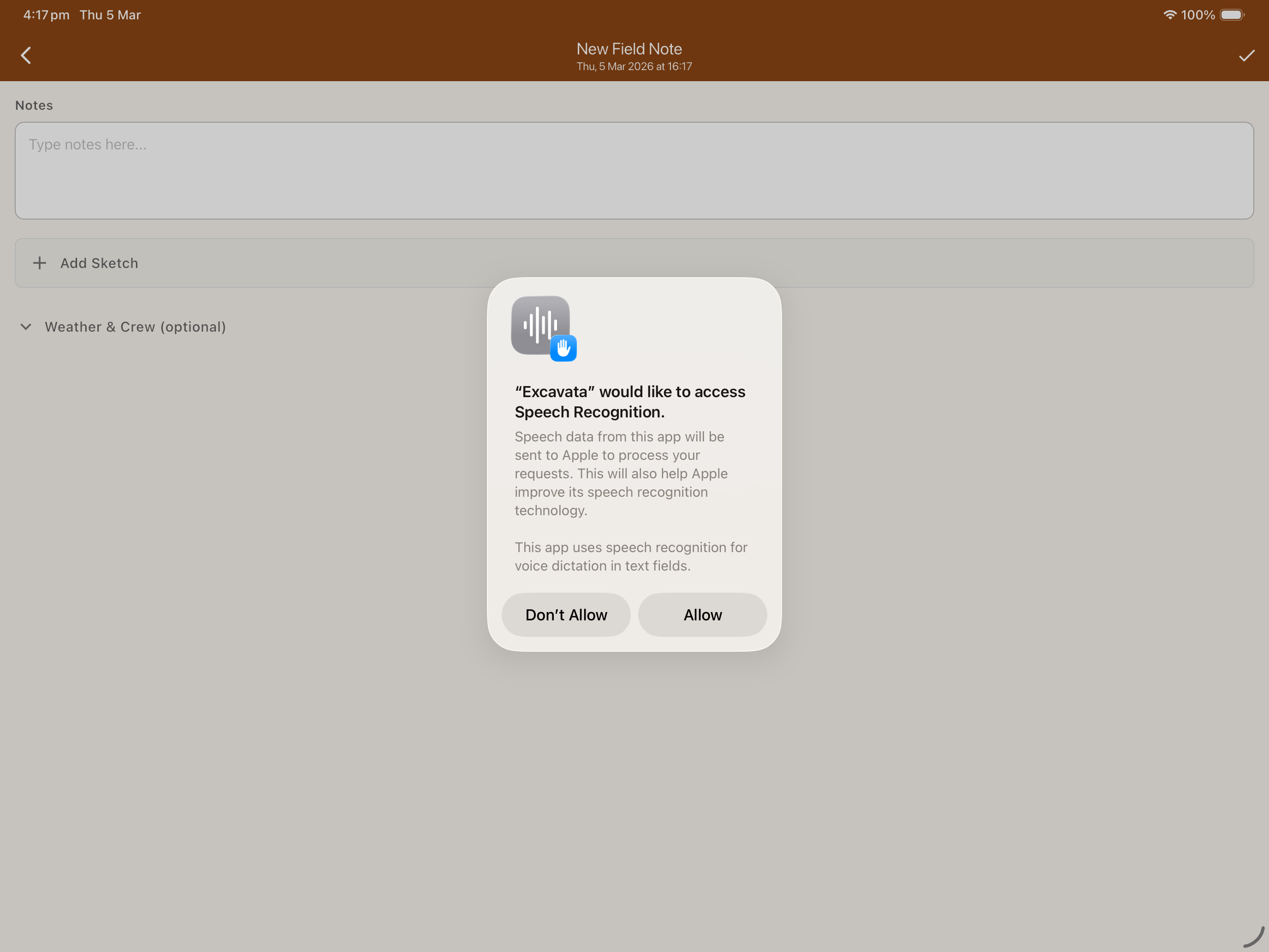 Speech-to-text voice input for hands-free field notes